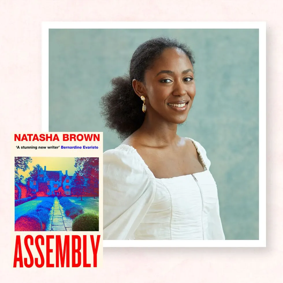 Natasha Brown wearing a white blouse against a blue-green background, with the cover of Assembly in the foreground