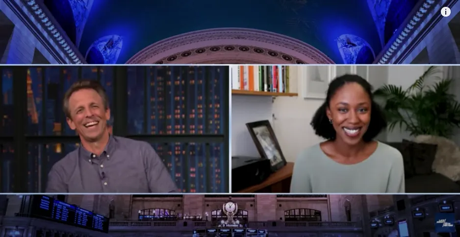 A still image of Seth Meyers and Natasha Brown in a split screen laughing