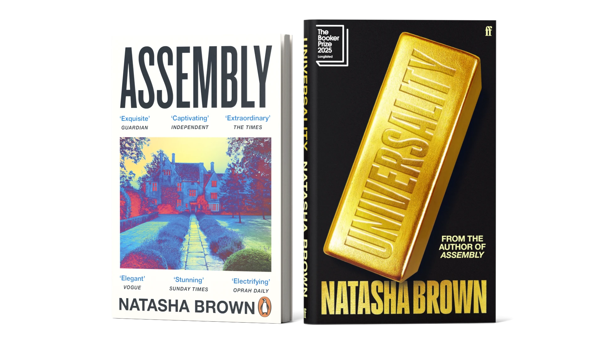 Photograph of a book titled Universality: A novel by Natasha Brown.
           The cover features a gold bar with ‘Universality’ engraved on the side.
