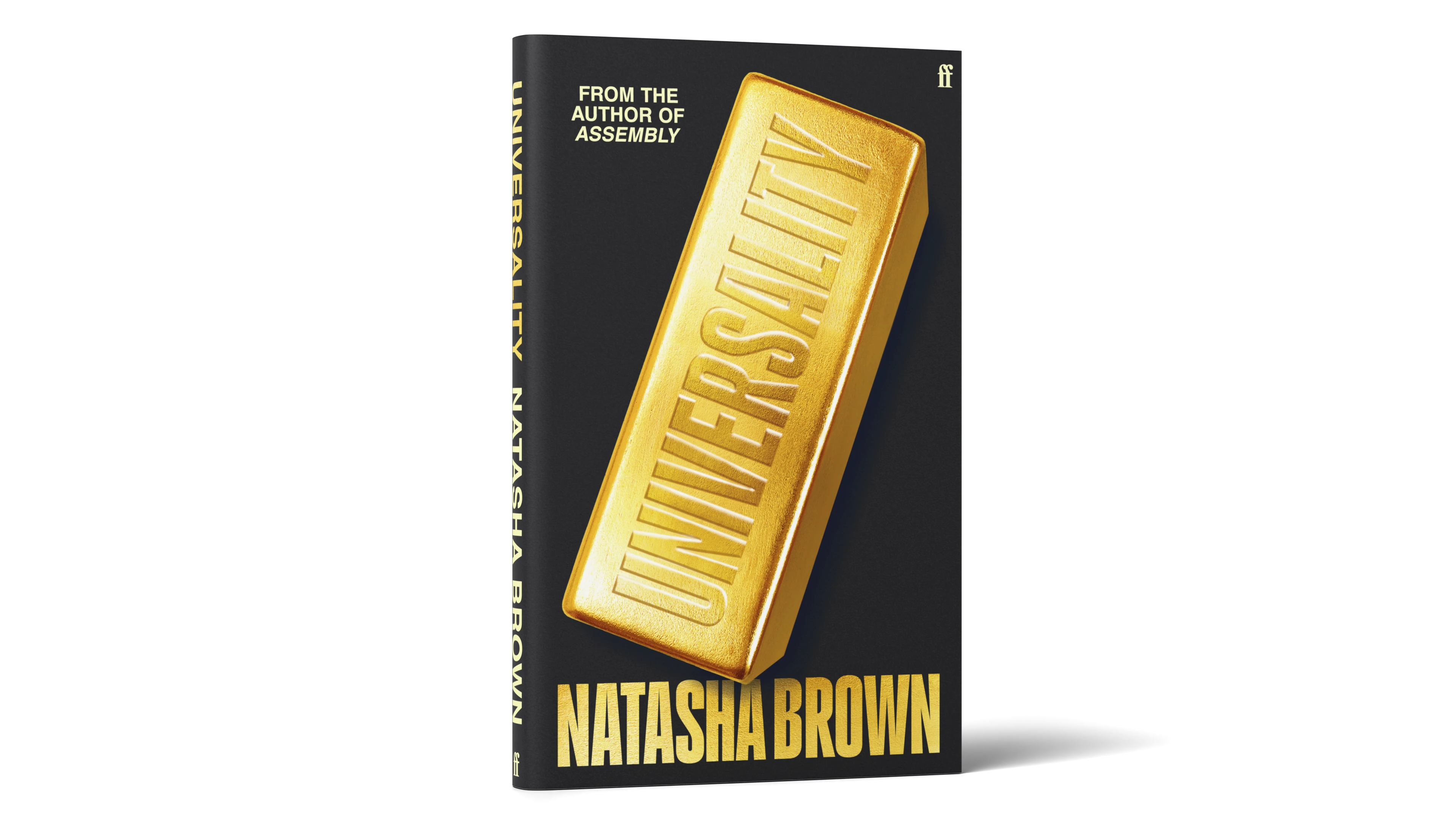 Photograph of a book titled Universality: A novel by Natasha Brown.
           The cover features a gold bar with ‘Universality’ engraved on the side.